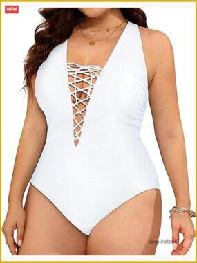 Plus Size Plunge One Piece Swimsuit Lace Up Deep V Neck Bathing Suit